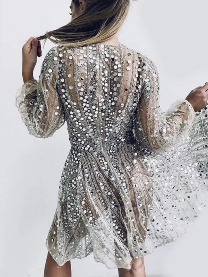 Sequin mesh plunge V-neck fit-and-flare mini dress