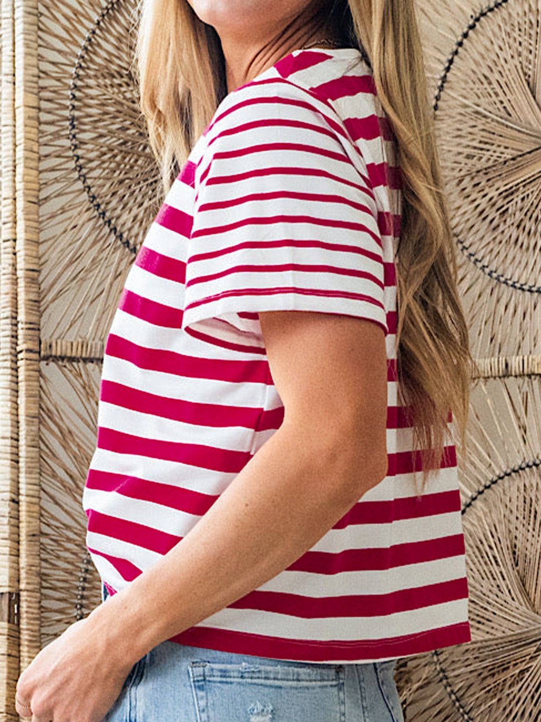 Striped patchwork short sleeve crew neck tee