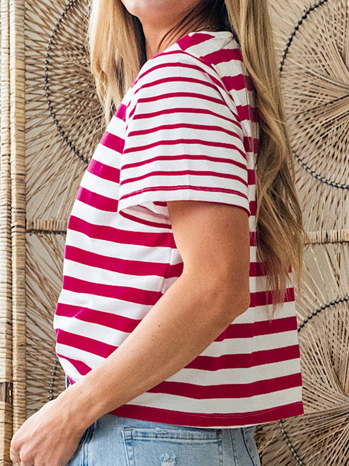 Striped patchwork short sleeve crew neck tee