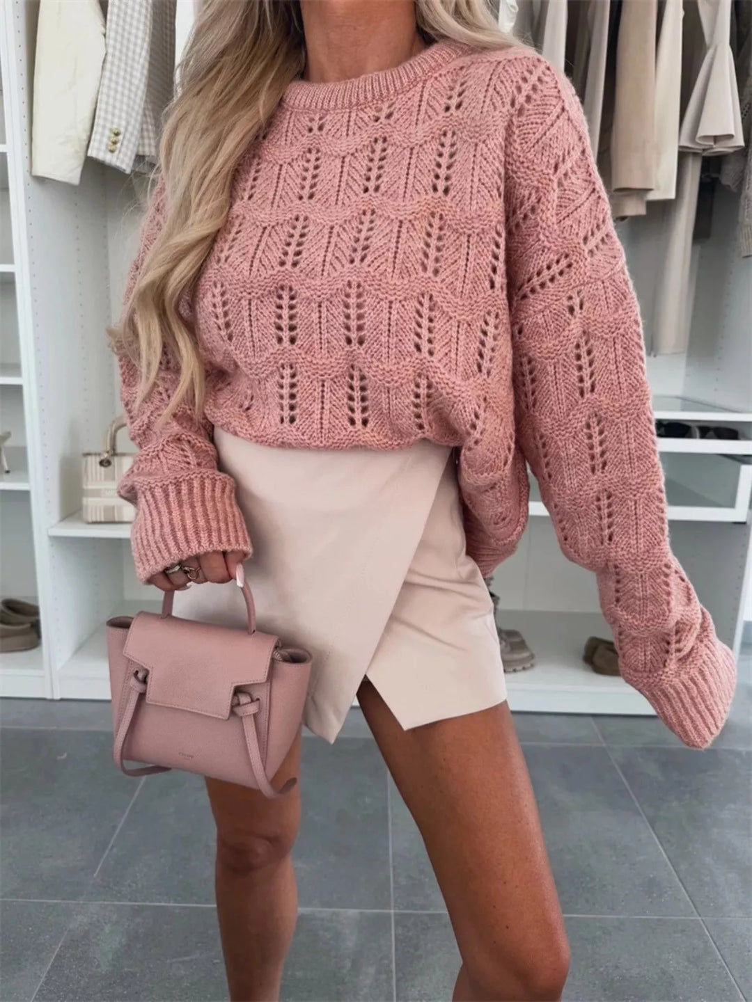 Pink Openwork pointelle knit round neck sweater