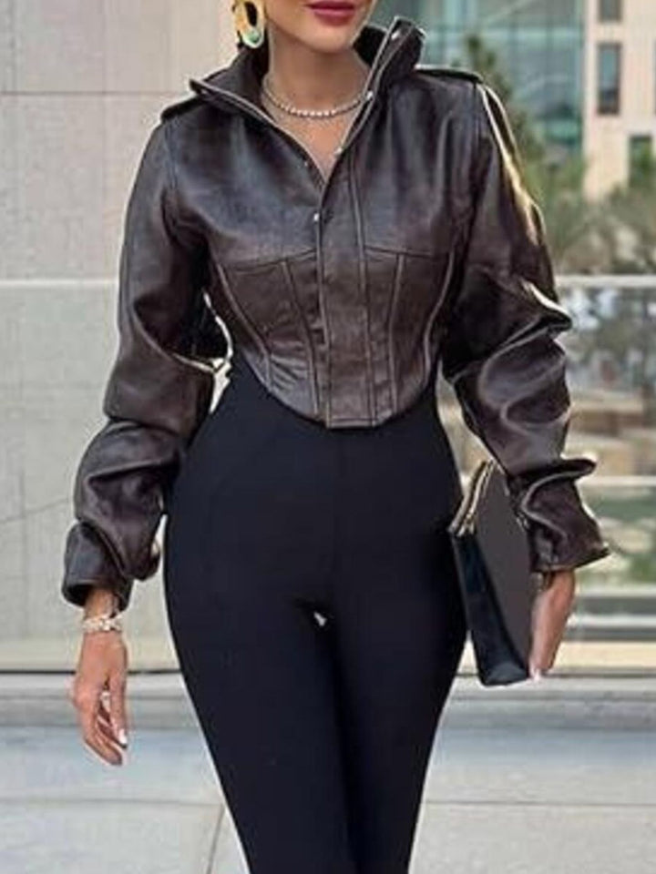 Distressed faux leather jacket with stand collar and corset seams