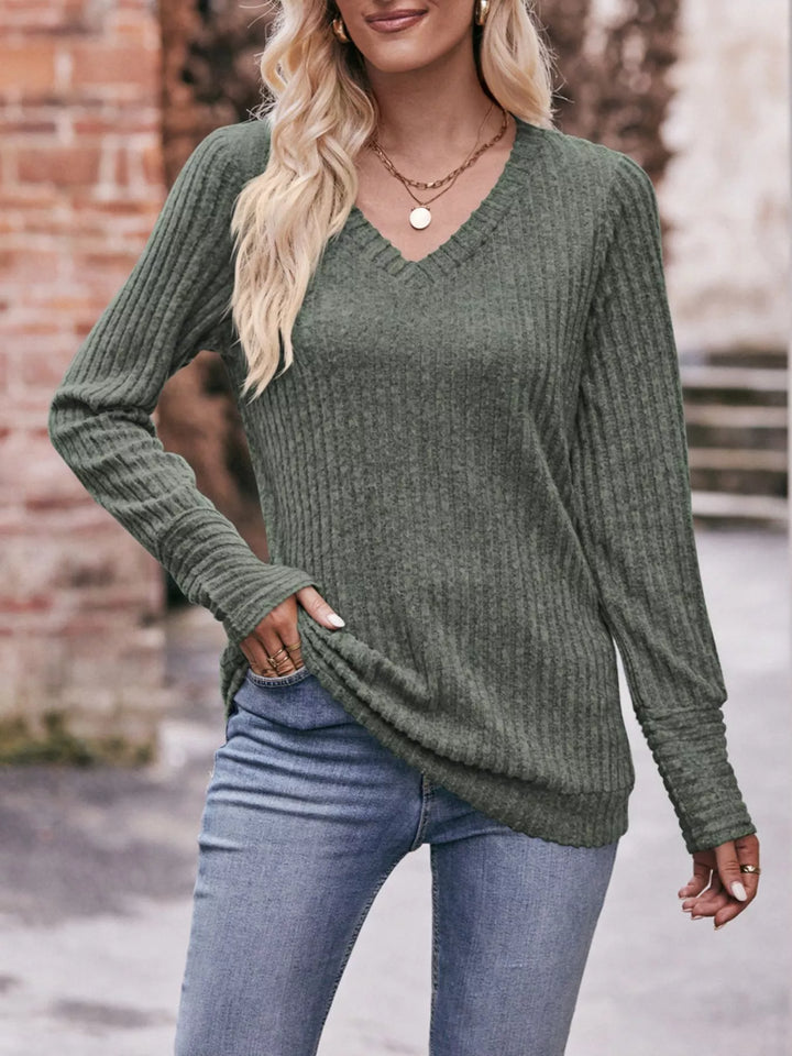 Ribbed knit V-neck long sleeve top