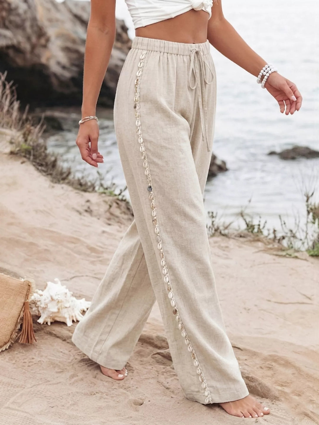 Linen-blend wide leg drawstring pants with shell trim