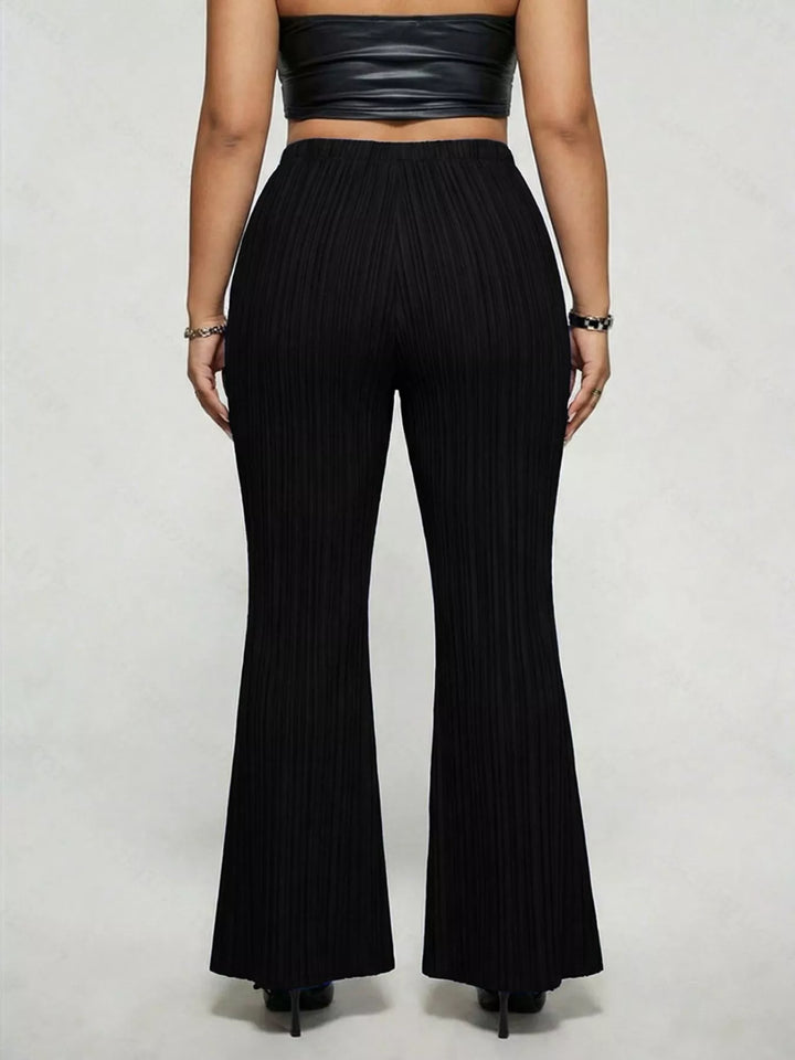 Plus size high-rise ribbed flare pants with buckle detail