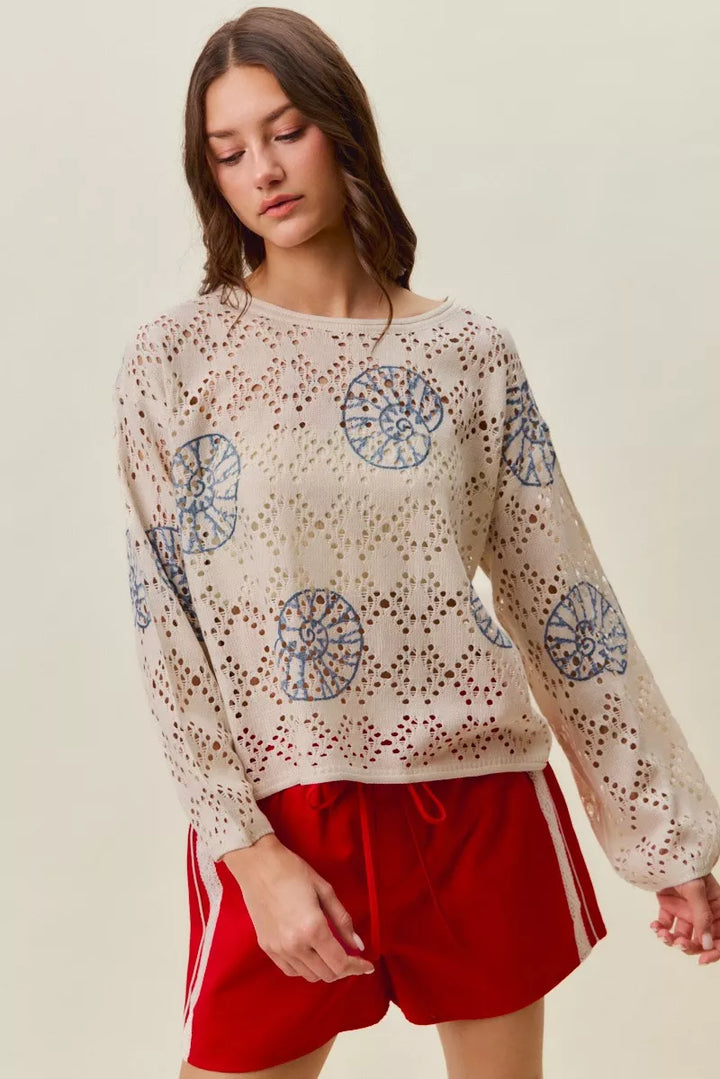 Seashell motif openwork knit long sleeve top