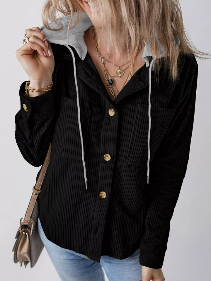Black Ribbed corduroy hooded jacket with drawstring and pockets
