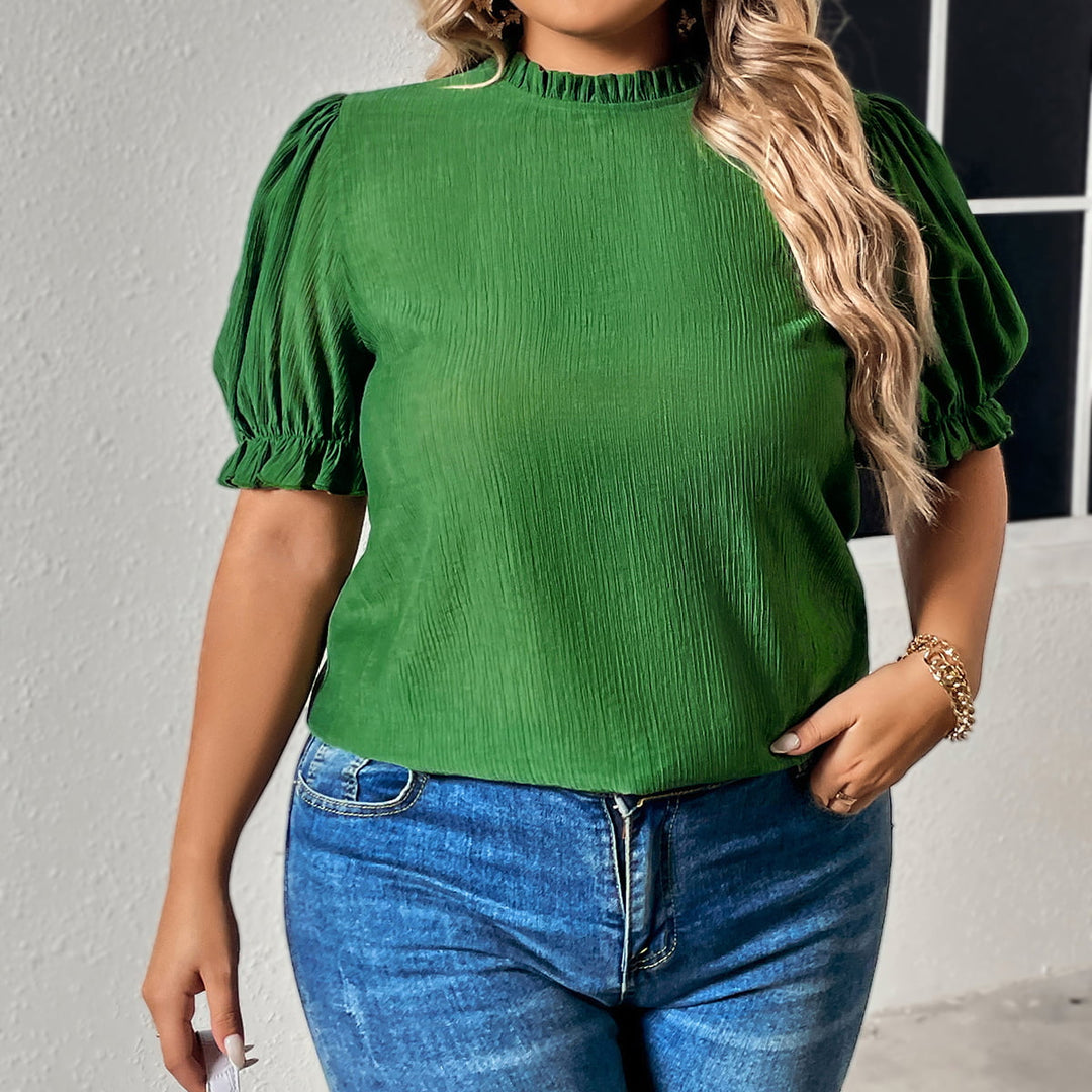 Puff sleeve plus size blouse with ruffled round neck