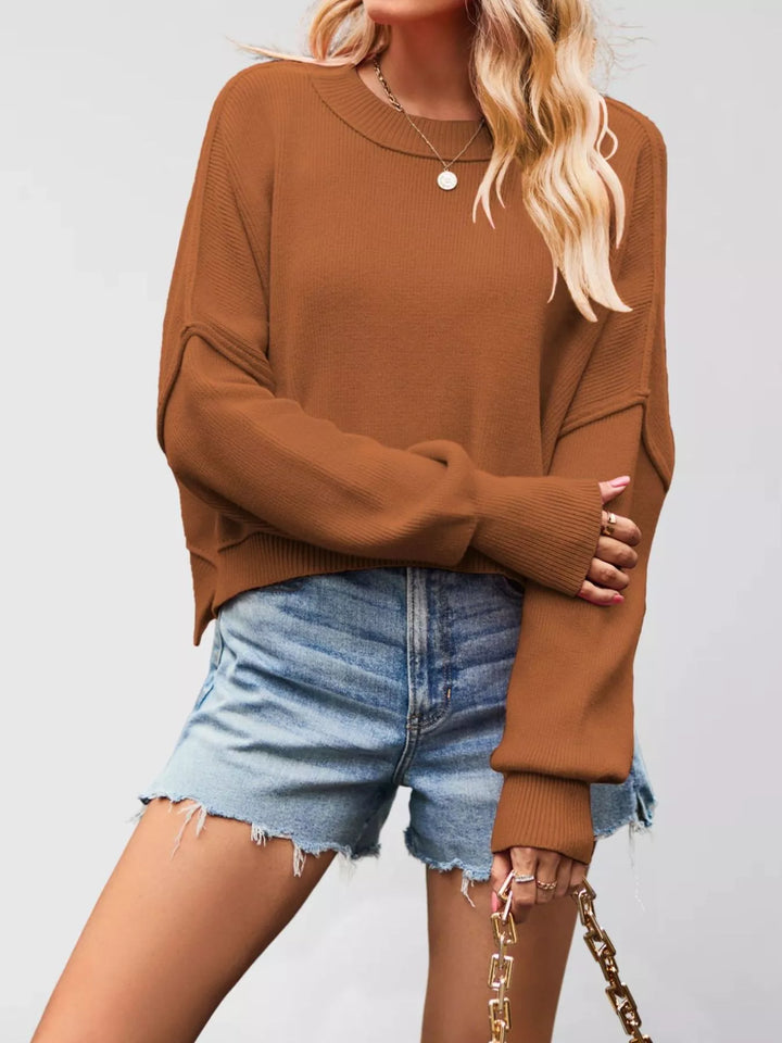 Brown Dropped shoulder crew neck sweater with ribbed raw hem