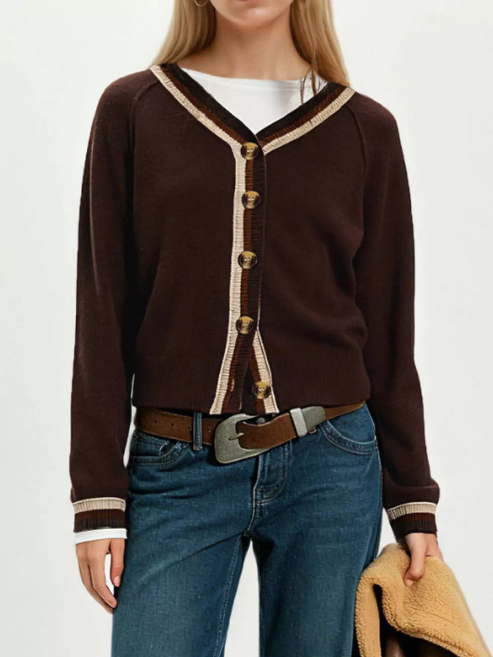 Striped trim V-neck button-down knit cardigan