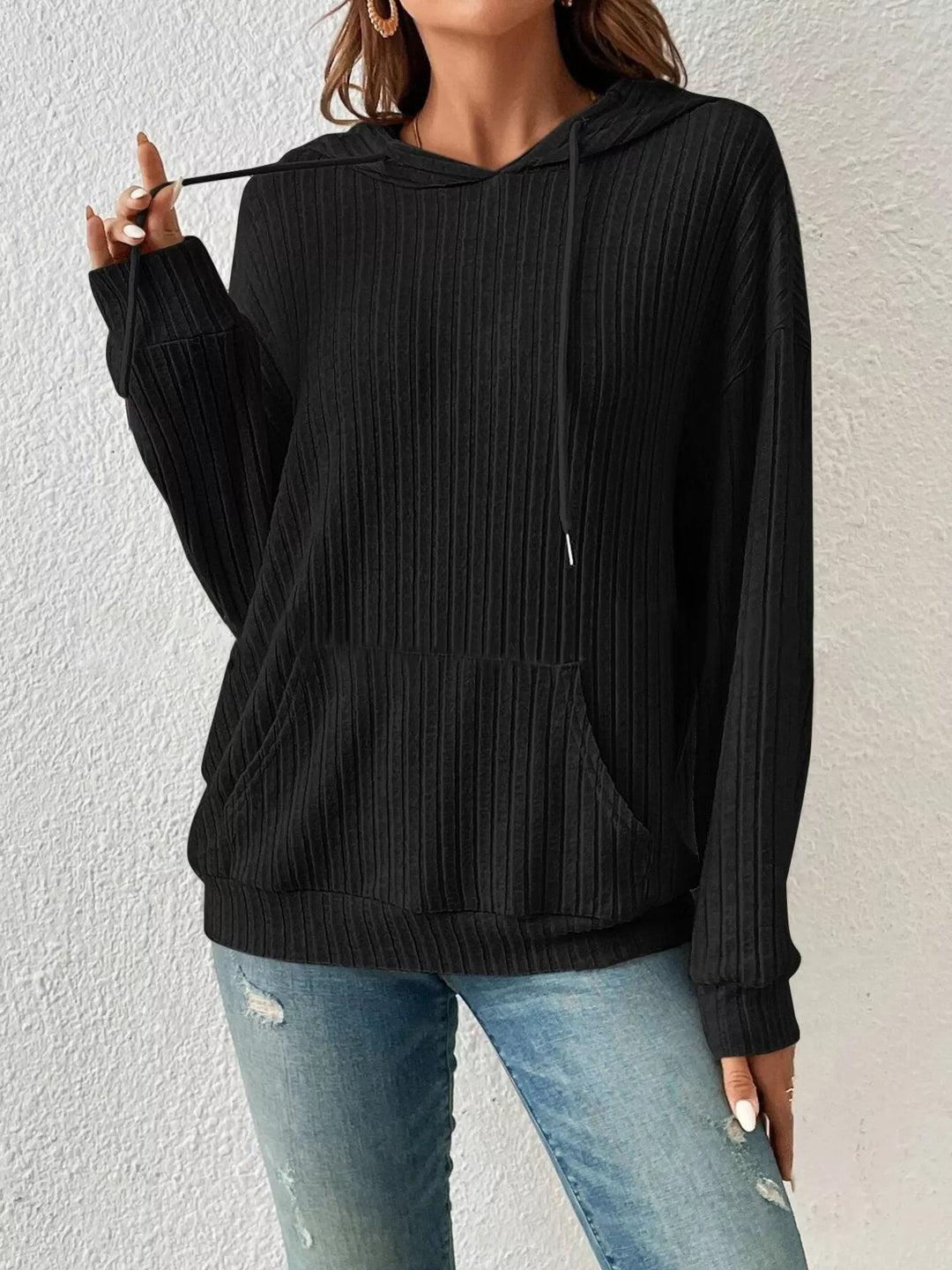 Black Ribbed knit hoodie with drawstring and kangaroo pocket