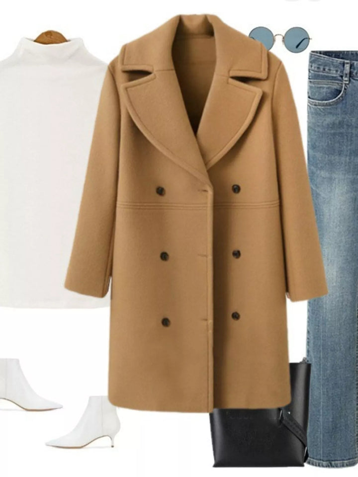 Double-breasted longline coat with notched lapel collar