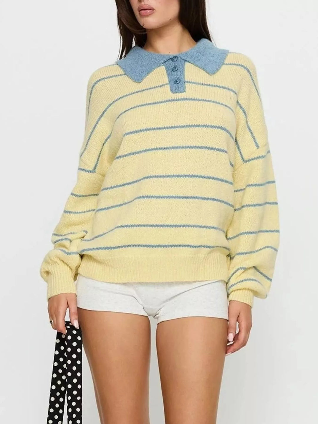 Relaxed striped knit polo sweater with contrast collar