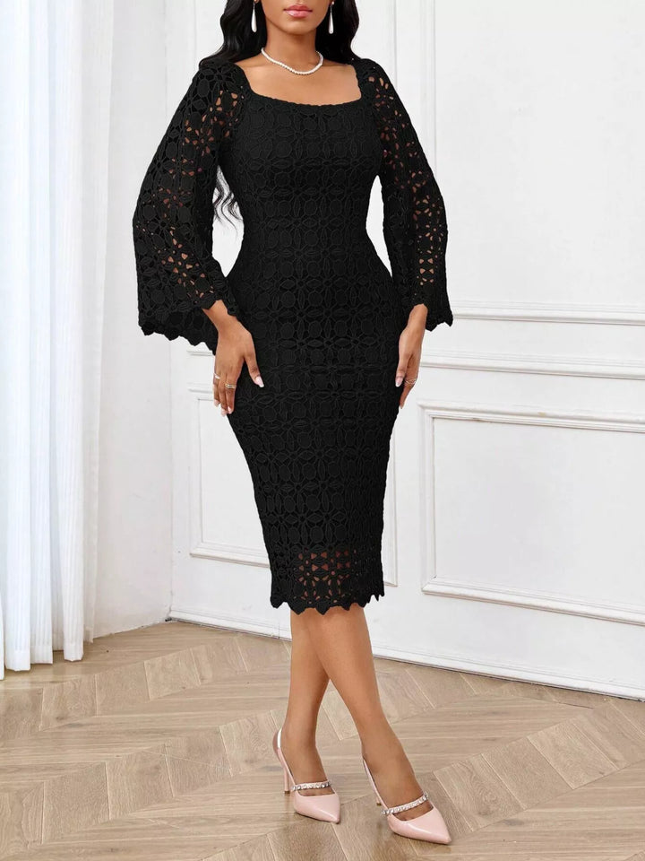 Floral lace bell-sleeve midi dress with square neck