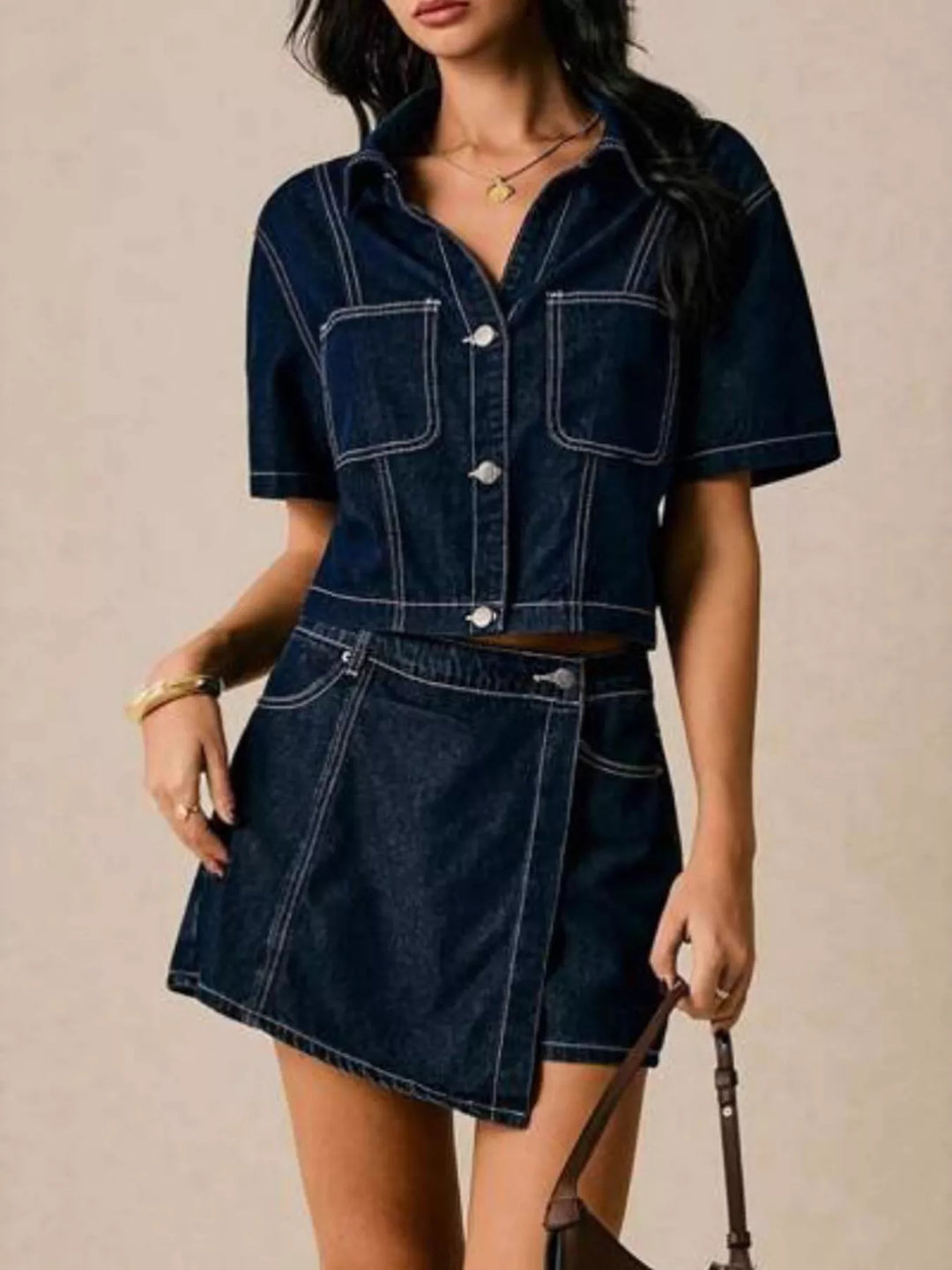 Contrast-stitch denim button-up crop shirt and skort set