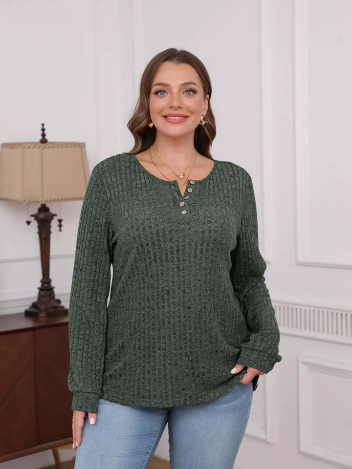 Ribbed knit button henley long sleeve top