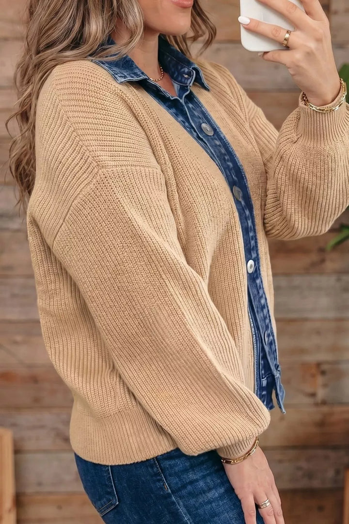 Ribbed knit cardigan with denim collar and button placket