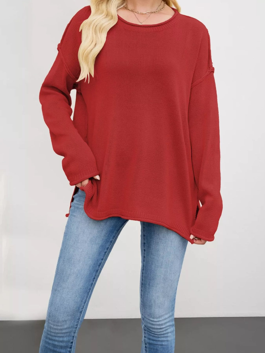 Red Exposed seam oversized crew neck sweater with raw hem