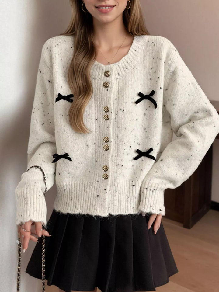 Bow-trim speckled knit cardigan with gold buttons
