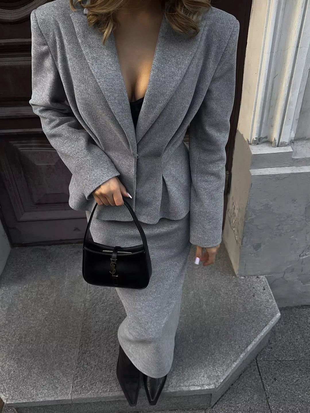 Dark Gray Peplum blazer and midi pencil skirt two-piece set