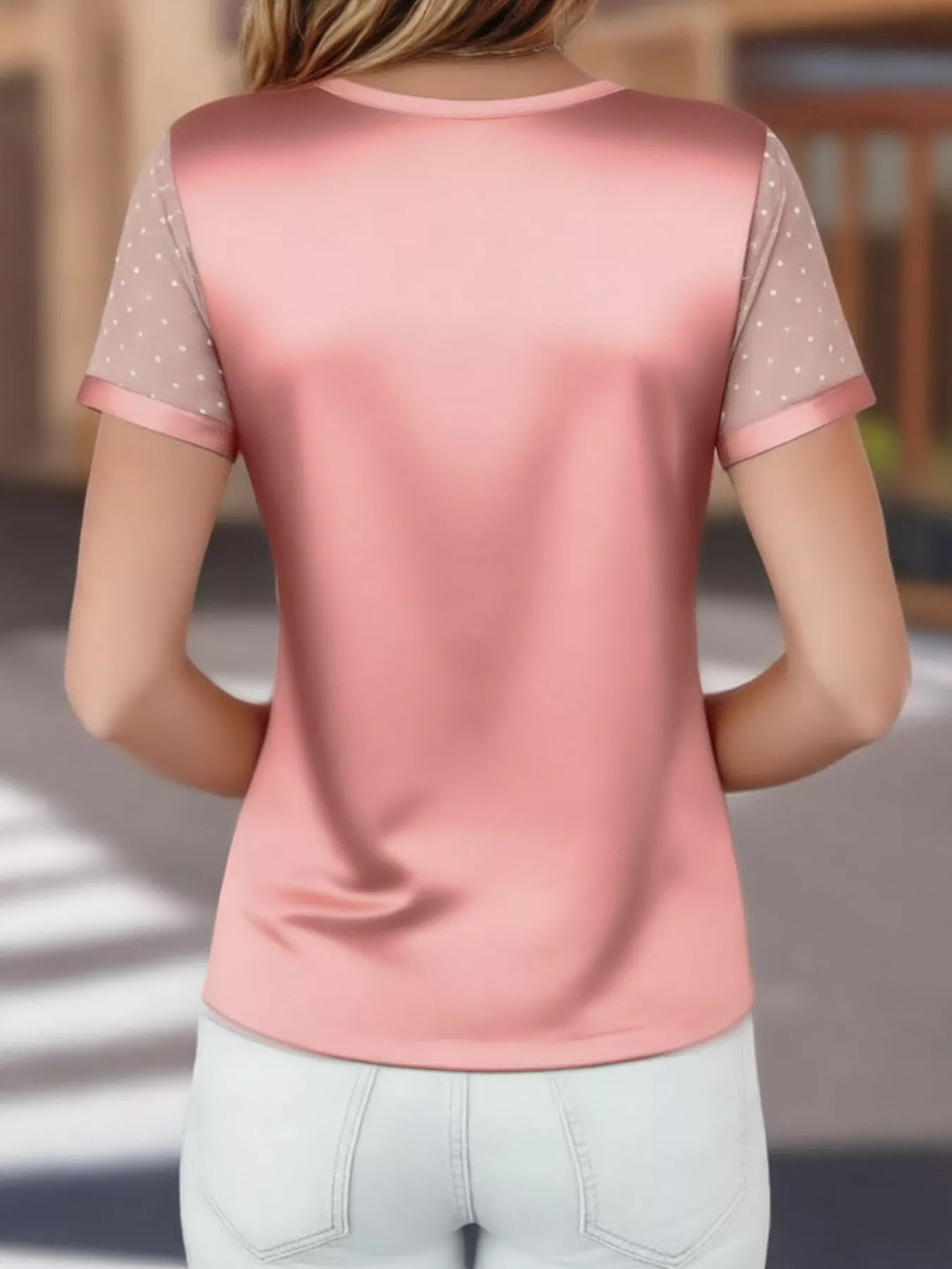 Satin v-neck top with sheer polka dot mesh sleeves