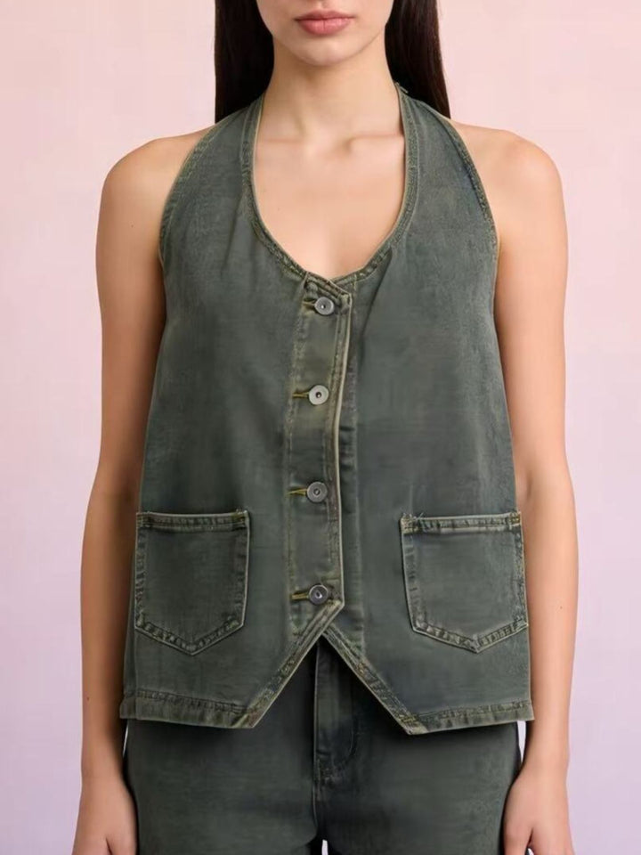 Green Halter neck button-down denim vest with patch pockets