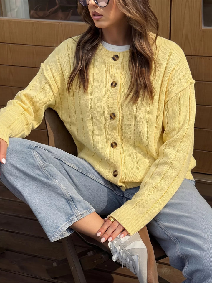 Ribbed knit button-front cardigan with dropped shoulders