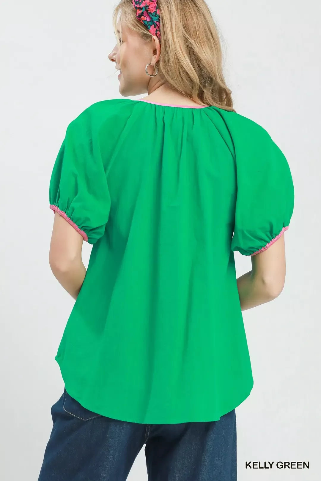 Contrast trim button-front puff sleeve cotton blouse