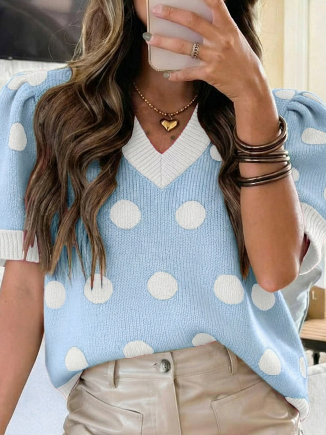 Polka dot puff sleeve V-neck knit sweater top