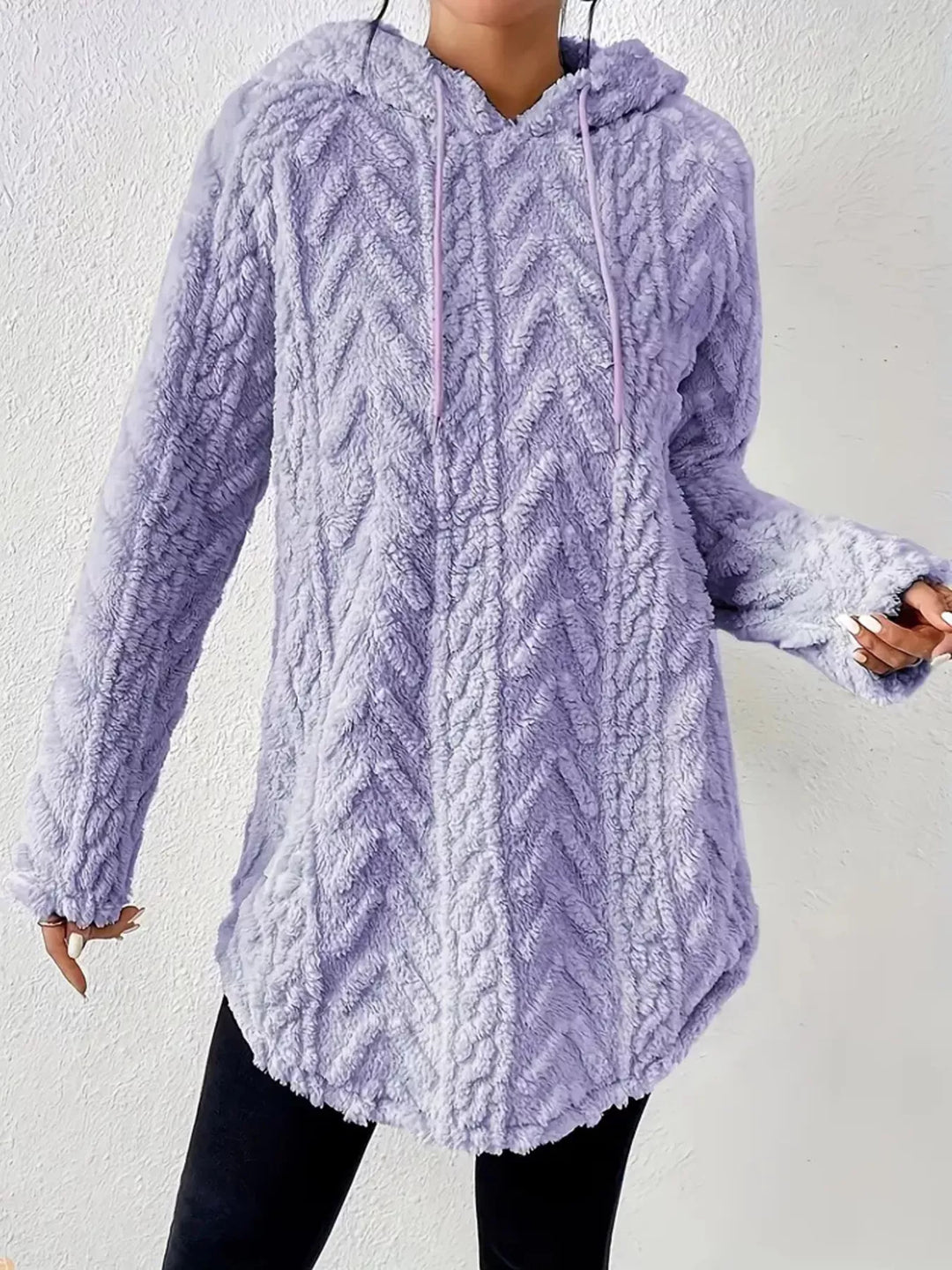 Textured cable-knit fleece pullover hoodie with drawstring