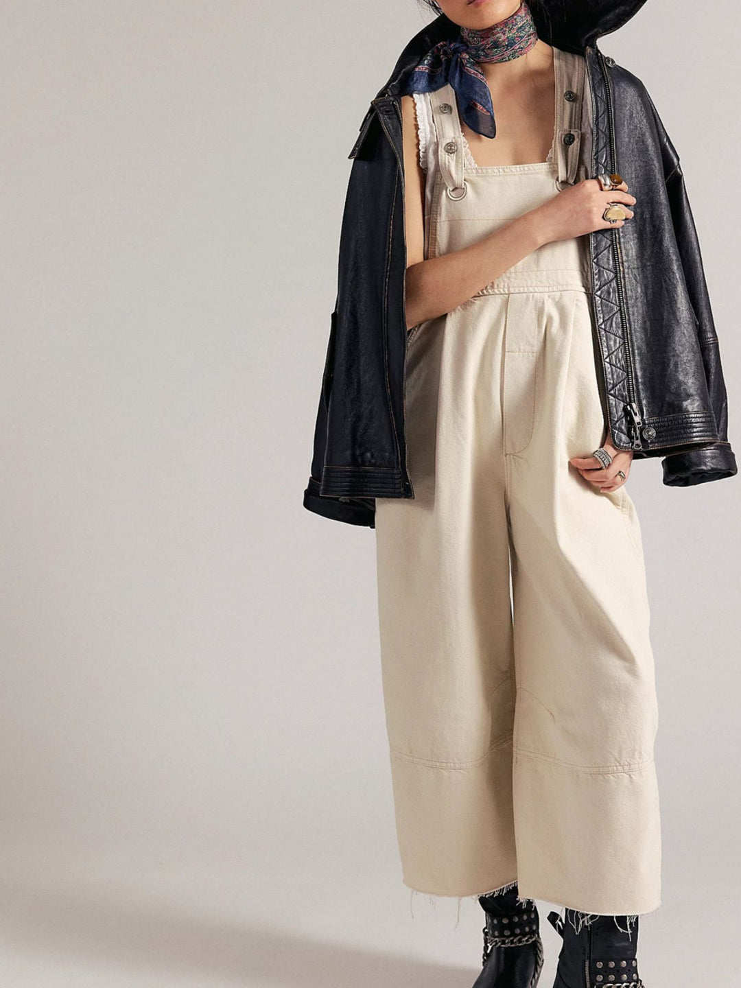 Beige Pleated wide-leg denim overalls with raw hem