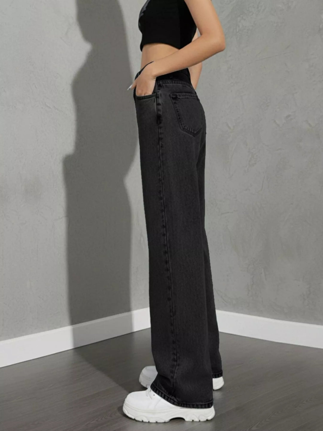 Asymmetric crossover high-rise wide leg jeans