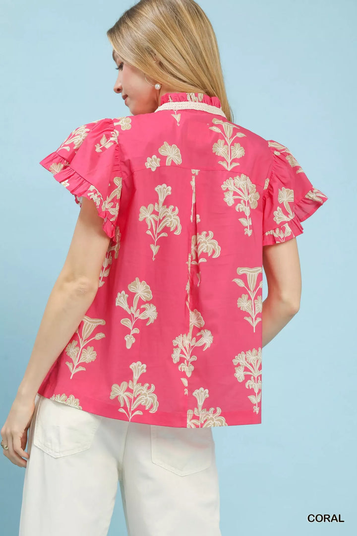 Floral flutter sleeve split-neck top with lace trim placket