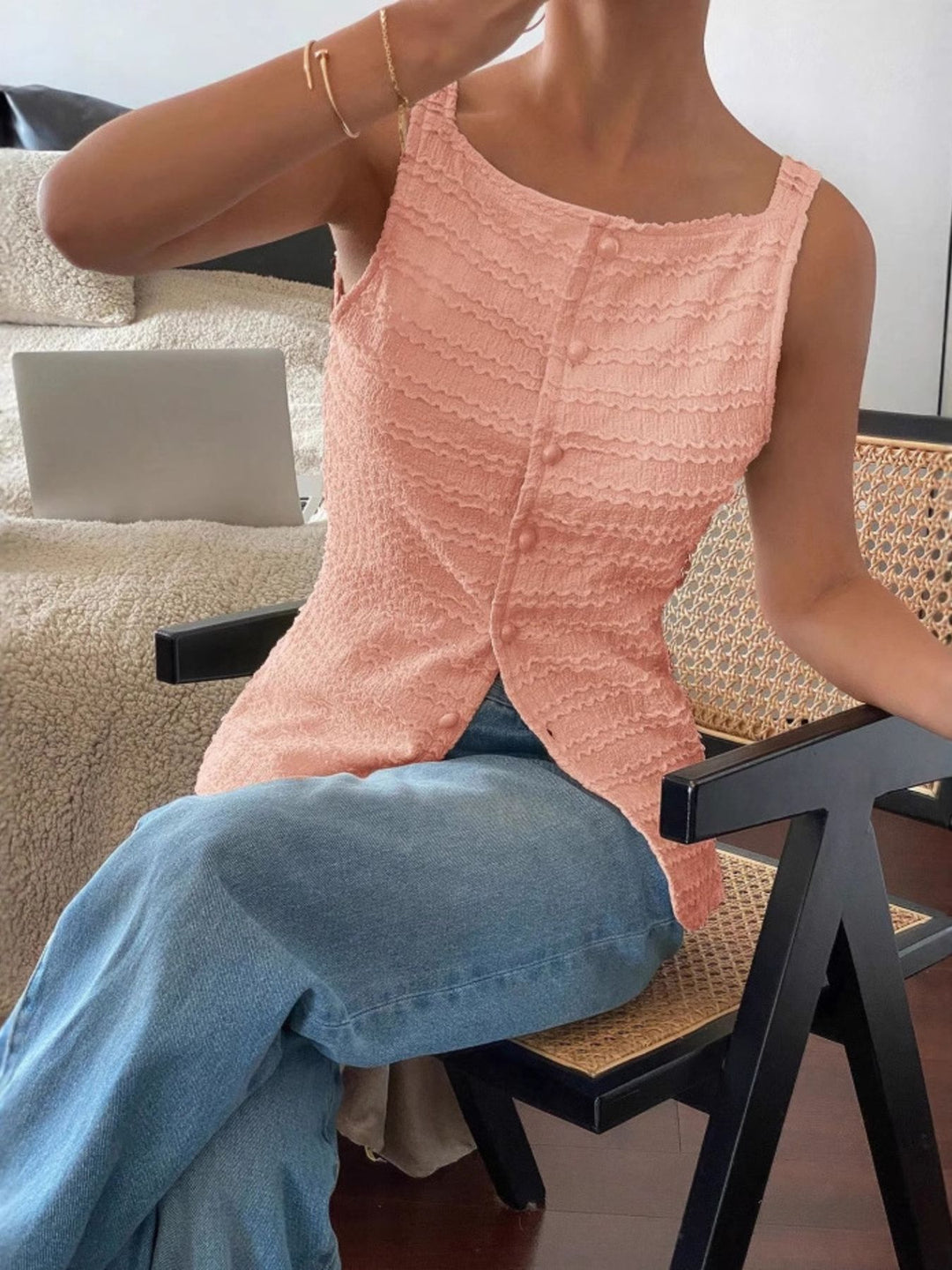 Textured button-front tank with square neck and split hem