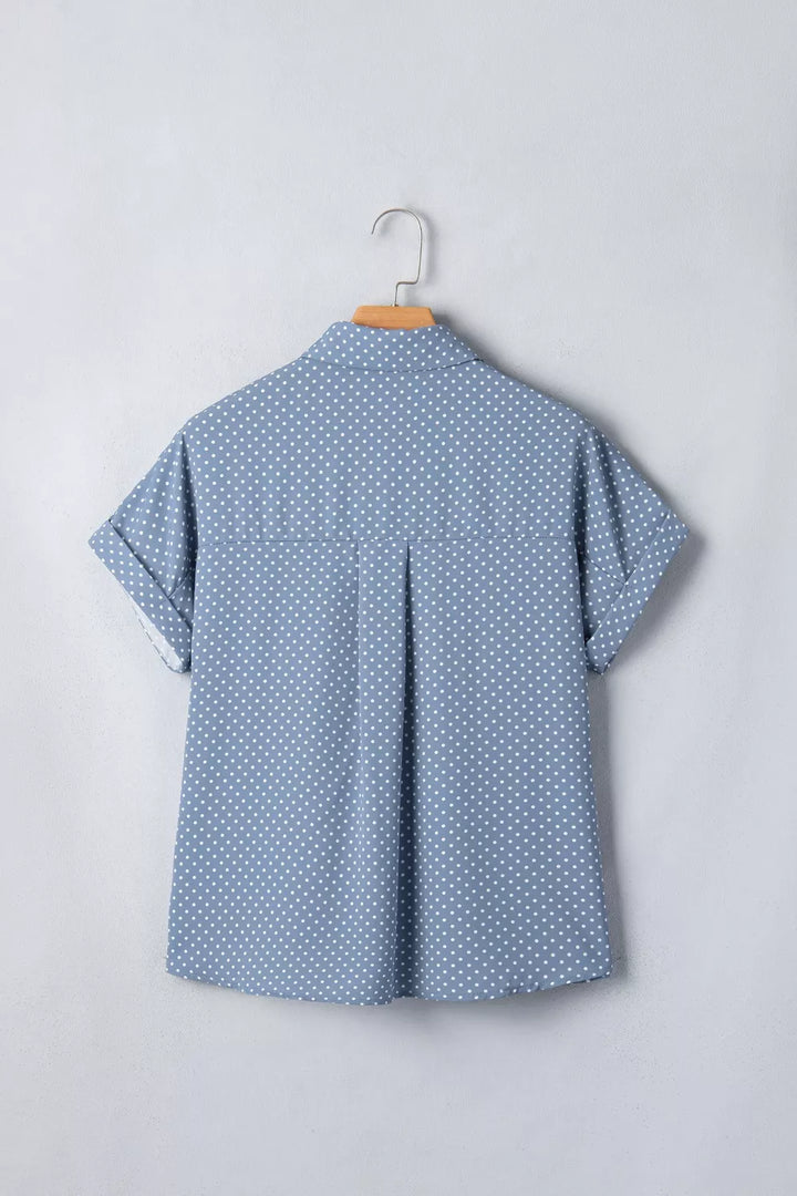 Polka dot button-down shirt with cuffed short sleeves