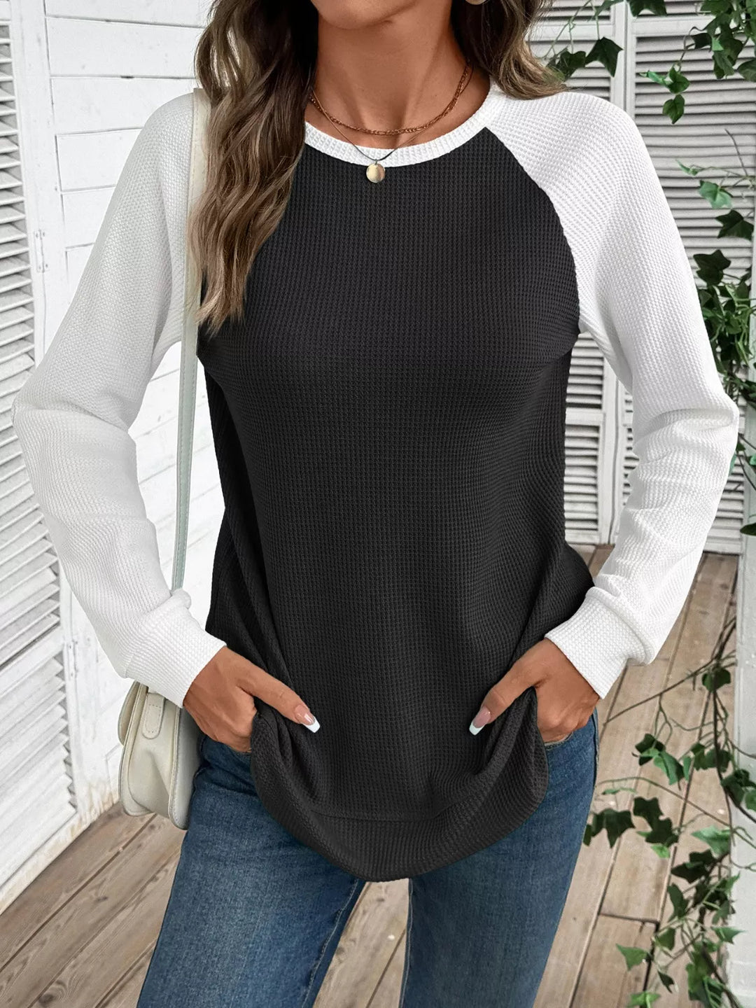 Black Waffle knit long sleeve raglan tunic top