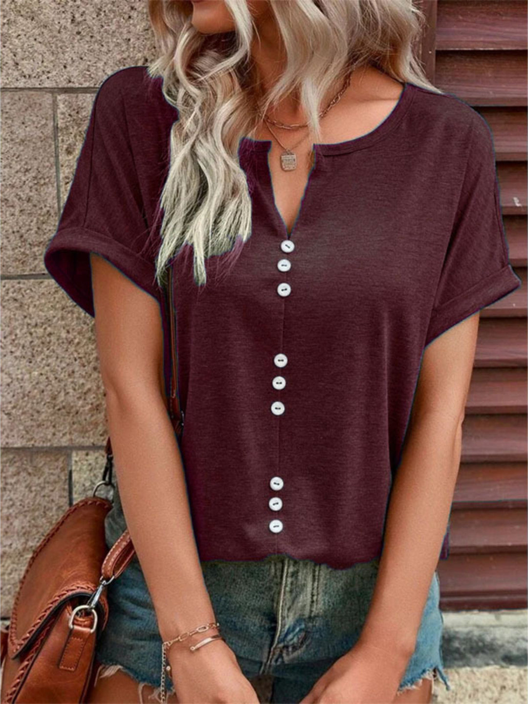 Dark Red Decorative button-front notch neck short sleeve tee
