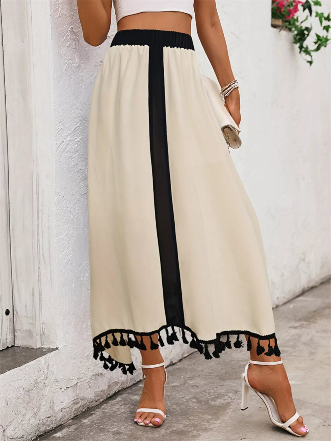 Contrast stripe high-waist midi skirt with tassel hem
