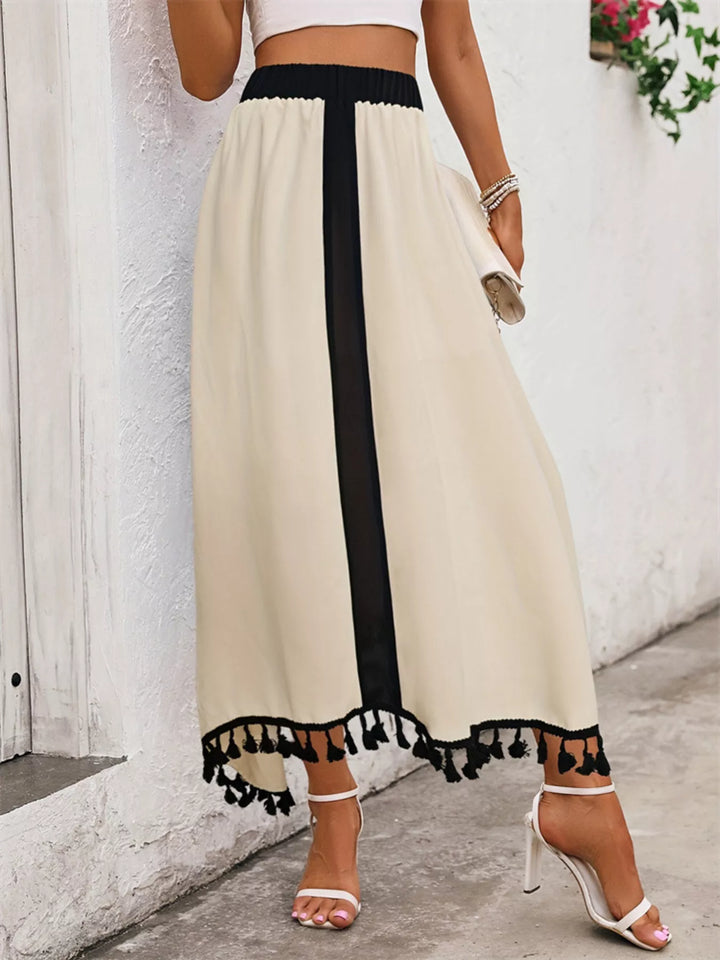 Contrast stripe high-waist midi skirt with tassel hem