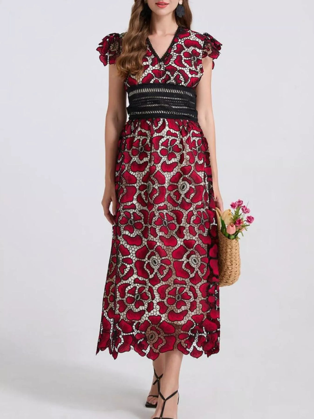 Embroidered floral lace V-neck midi dress with flutter sleeves