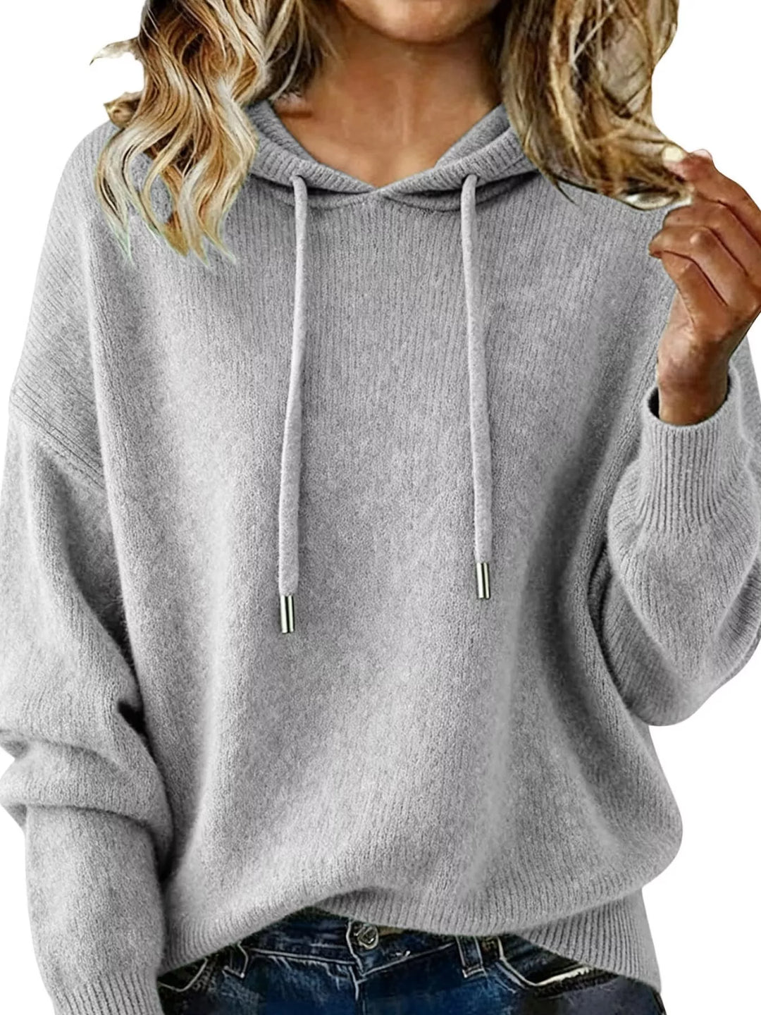 Gray Drawstring hooded knit pullover sweater with ribbed cuffs