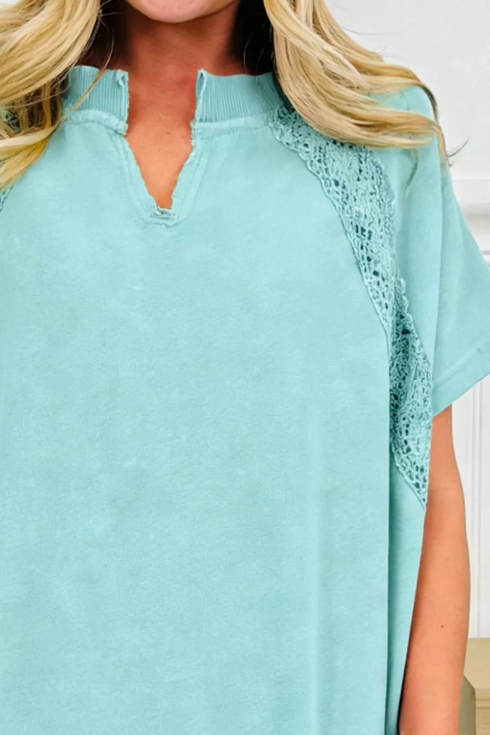 Notched-neck mineral wash tee with lace raglan trim