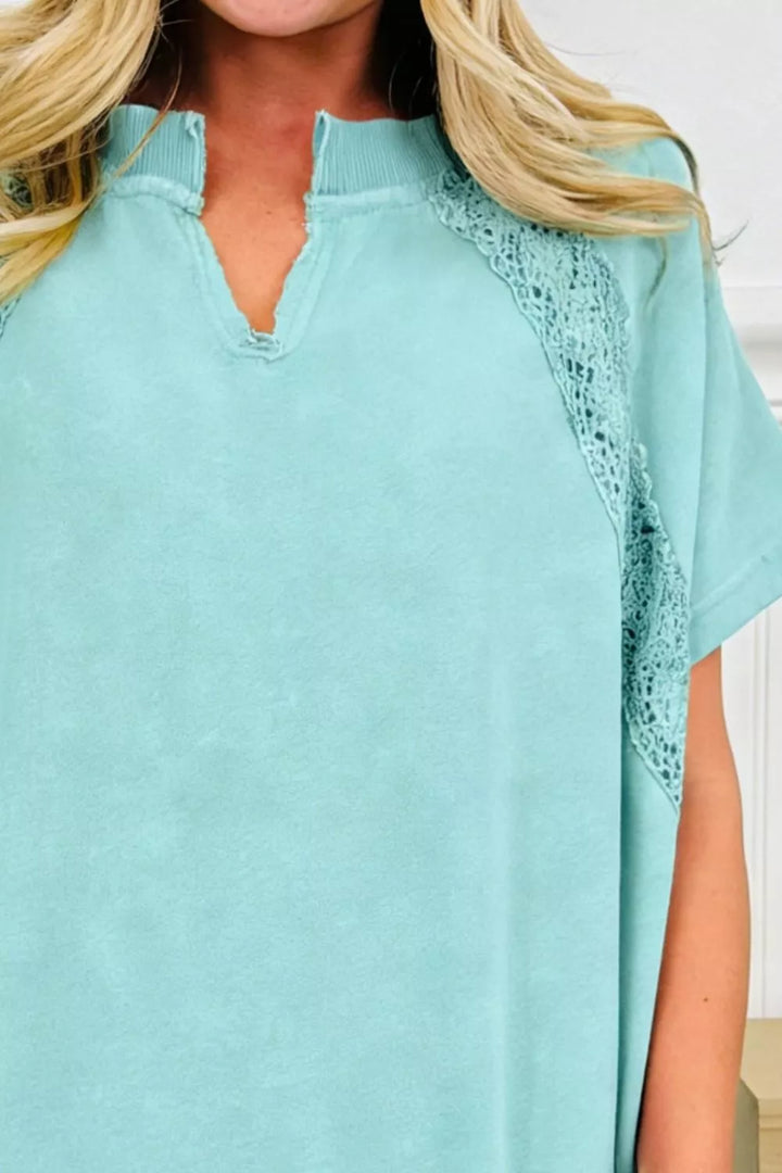 Notched-neck mineral wash tee with lace raglan trim