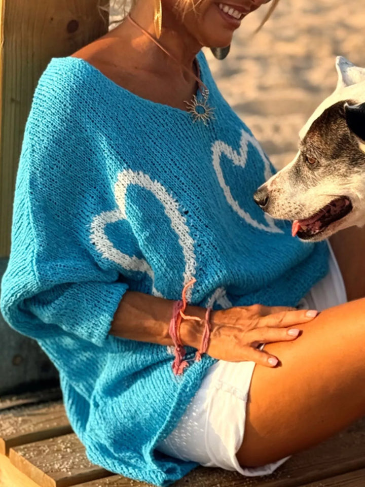 Heart motif V-neck dropped-shoulder knit sweater