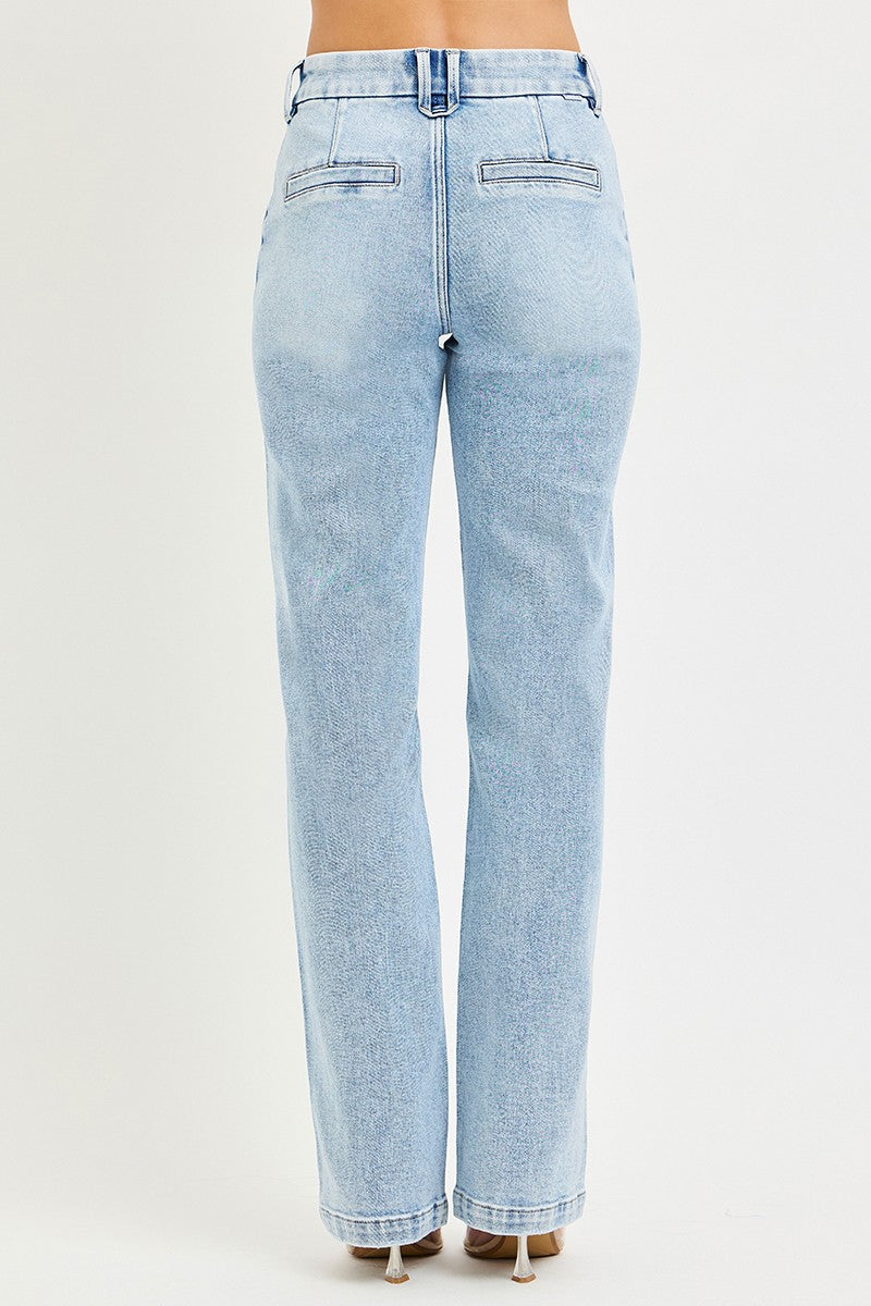 Pin tuck high rise straight leg jeans with tummy control