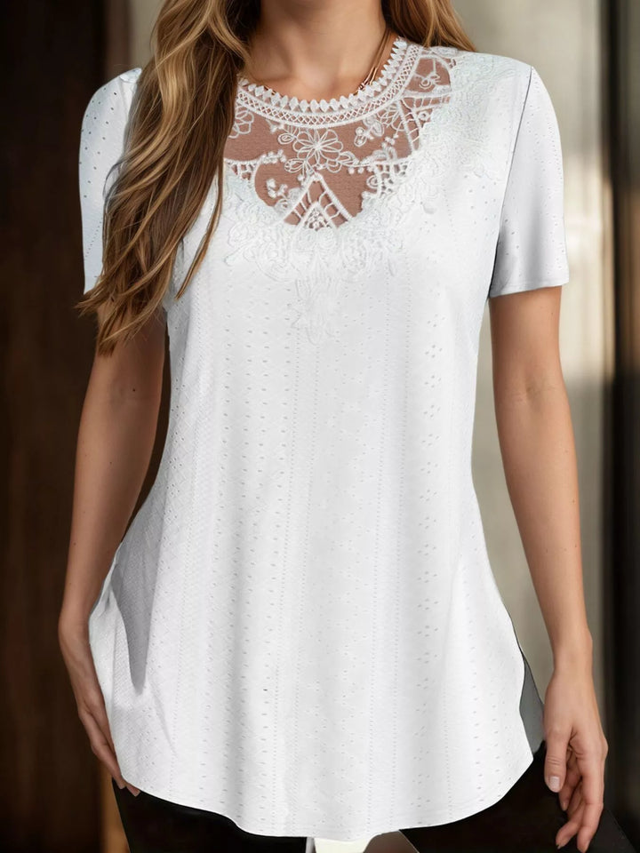 White Eyelet short sleeve tunic top with floral lace yoke