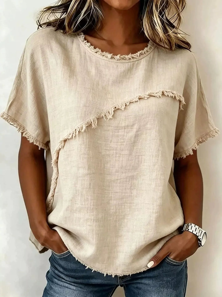 Apricot Frayed trim crew neck relaxed short sleeve top