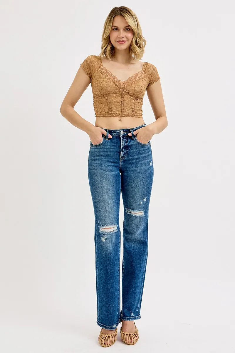 Distressed high-rise straight leg jeans with tummy control