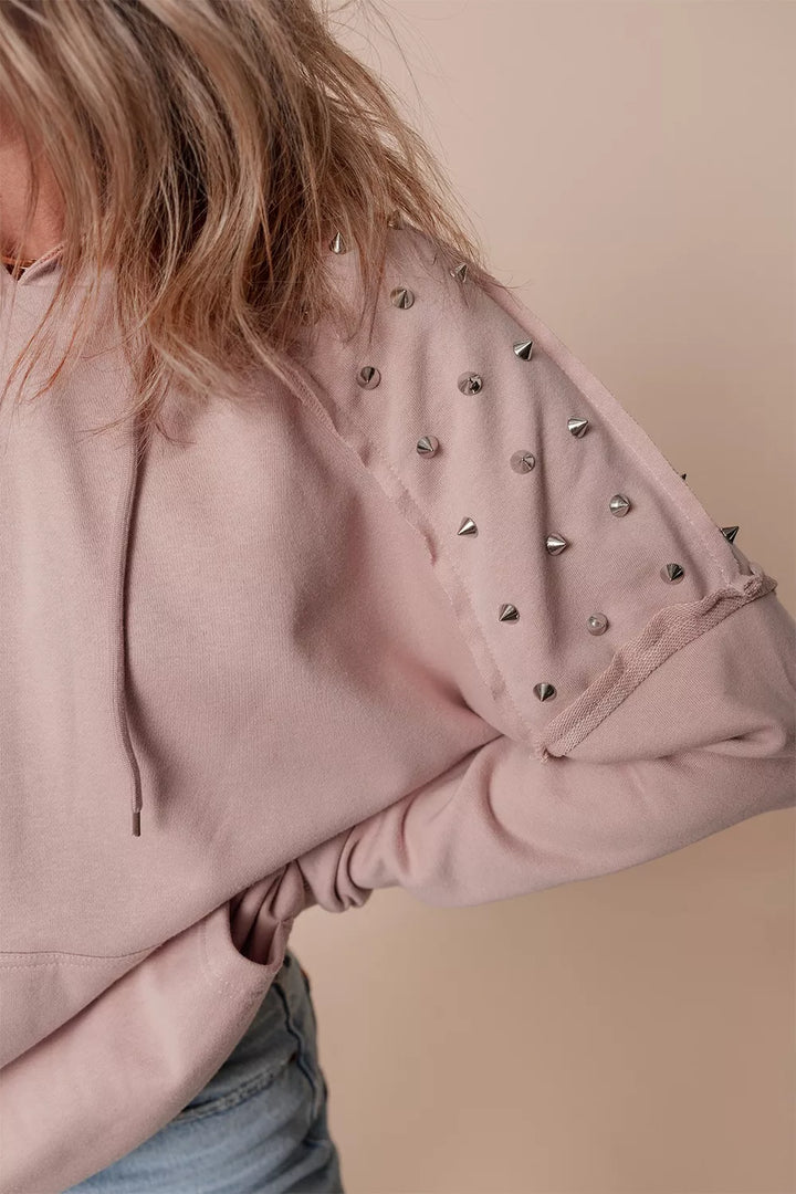 Studded shoulder drawstring hoodie with kangaroo pocket