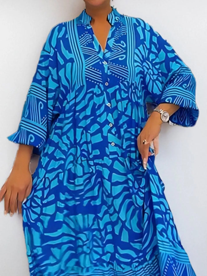 Abstract print button-front tiered midi dress