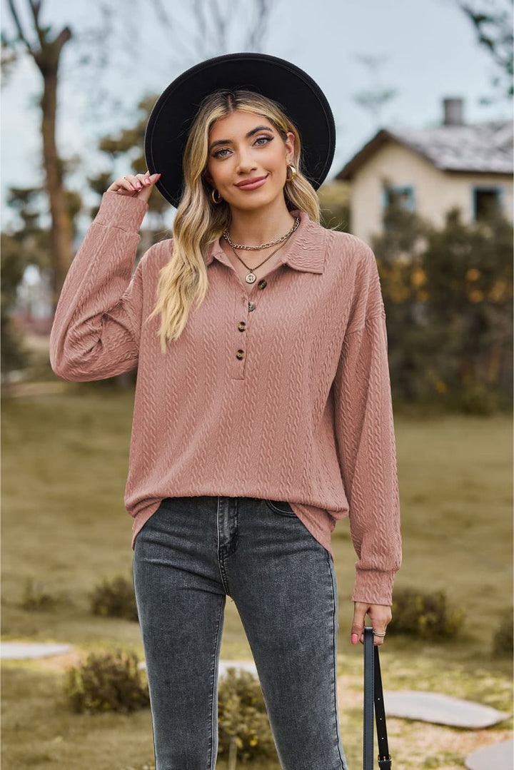 Dusty Pink Textured knit collared top with half-button placket